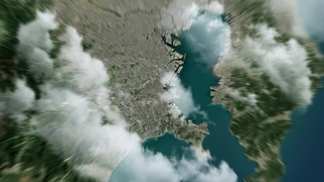 Zooming on Yokohama, Japan. Earth zoom in from outer space to city. The animation continues by zoom out through clouds and atmosphere into space. View of the Earth at night. Images from NASA. 4K