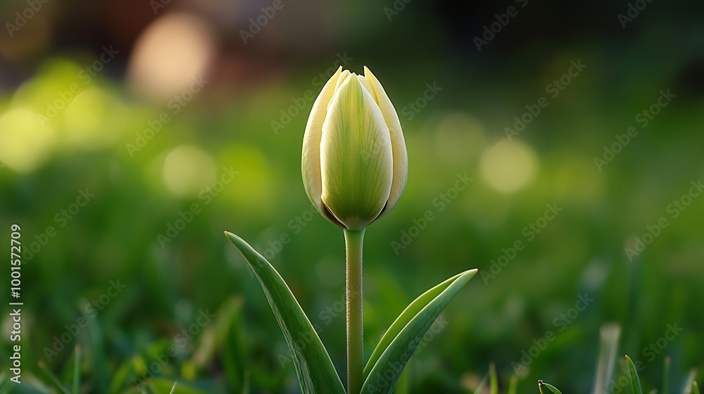 Poster closeup of an unopened tulip bud against a background of grass top view : generative ai