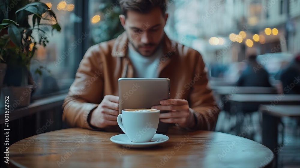 Poster Man Checking Emails Coffee Break Concept : Generative AI