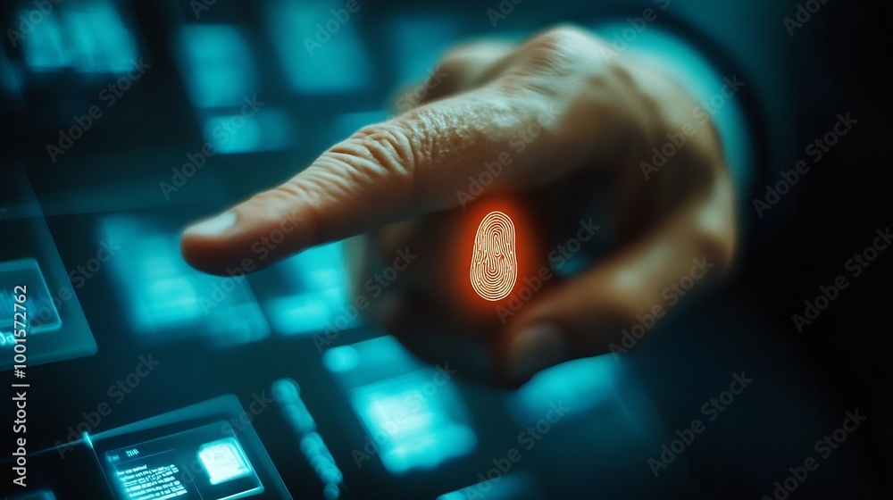 Poster Businessman using fingerprint indentification to access personal financial data Idea for Ekyc electronic know your customer biometrics security innovation technology against digital cy : Generative AI