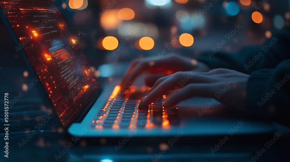 Poster Cyber crime security concept Hand using laptop show malware screen attach from email Hack steal password or personal data Hacker Virus Worm Trojan Adware Spyware and Ransomware awarene : Generative AI
