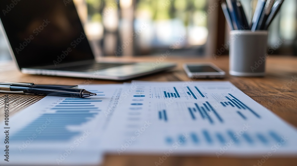 Aufkleber business documents  with smart phone and laptop computer and graph financial with social network diagram : Generative AI