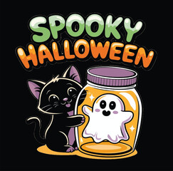 Fototapeta premium Cute Black Kitten & Ghost in Jar T-Shirt Design – Fun Halloween Theme