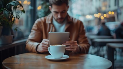 Man Checking Emails Coffee Break Concept : Generative AI