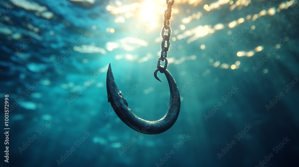 Poster login information attached to large hook under water with sunlight phishing concept : generative ai