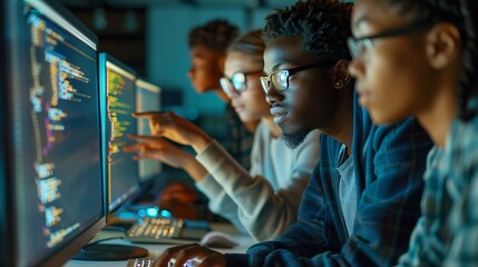 Group of young people in casual clothes working on computers in dark office
