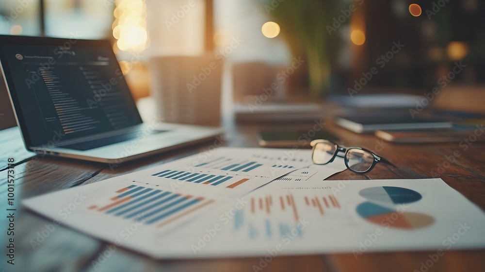 Aufkleber business documents  with smart phone and laptop computer and graph financial with social network diagram : Generative AI