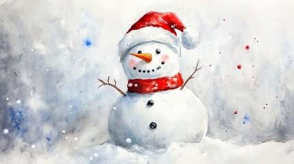 Fototapeta premium Snowman in santa hat watercolor