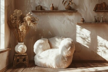 A simple white chair sits next to a window, ideal for interior design or minimalist decor
