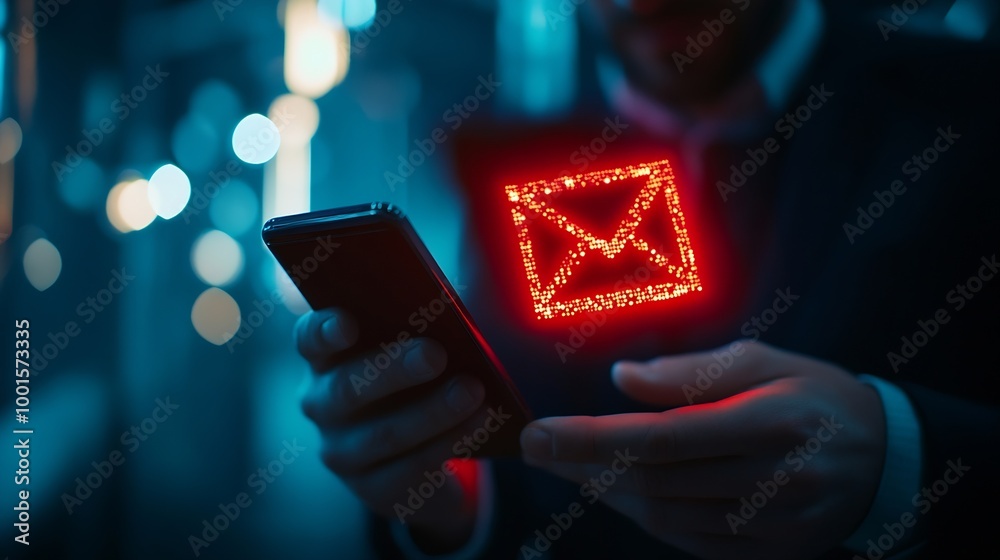 Poster Business man using smartphone and computer that show warning sign after got attack phishing email by malware from hacker that commit cyber crime or software crash to cause an error : Generative AI