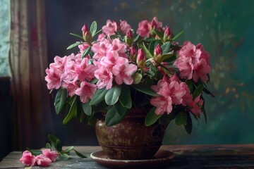 Obraz premium A decorative arrangement of pink flowers sits on a table