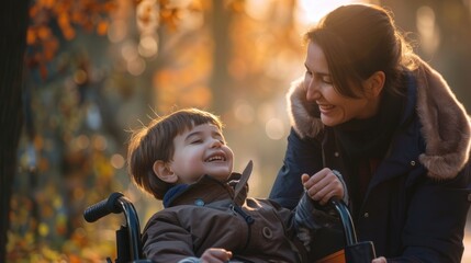 A woman and a young boy sitting together in a wheelchair, likely for therapy or mobility assistance