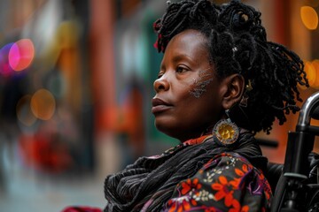 Obraz premium A person with dreadlocks seated in a wheelchair, a moment of introspection