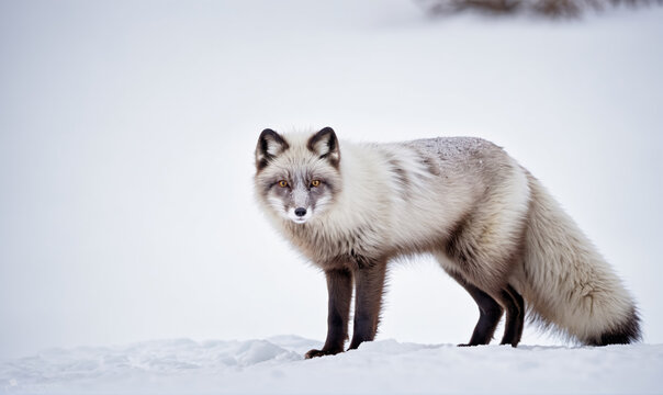 A silver fox stands on a snowy hill, its eyes fixed on the camera