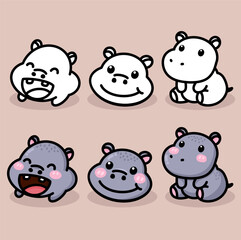 set of cute hippopotamus cartoon drawing and color book vector
