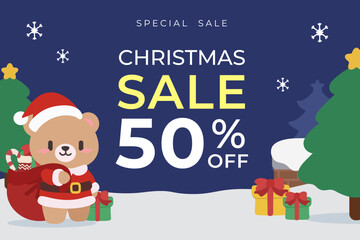 Christmas Special Sale with Cute Santa Bear Illustration. 50% Off Christmas Promotion with Festive Bear Character.Holiday Sale Poster Featuring Adorable Santa Bear.