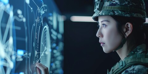 A woman in a military uniform examines a digital display, possibly reviewing mission details or communicating with colleagues