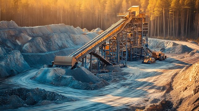 Banner Sand quarry Industrial plant with belt conveyor in open pit mining Construction site Industry machine for stone crusher : Generative AI