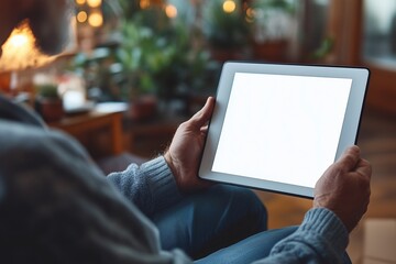 Adult man using digital tablet with blank screen at home