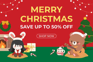 Cute Christmas Sale Banner with Bear Playing Guitar and Bunny. Merry Christmas Sale Ad with Adorable Bear and Bunny by the Fireplace.