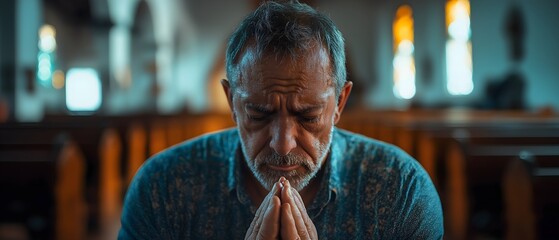 A contemplative man prays with his hands clasped in a serene church, illuminated by soft light, evoking a sense of spirituality and reflection.
