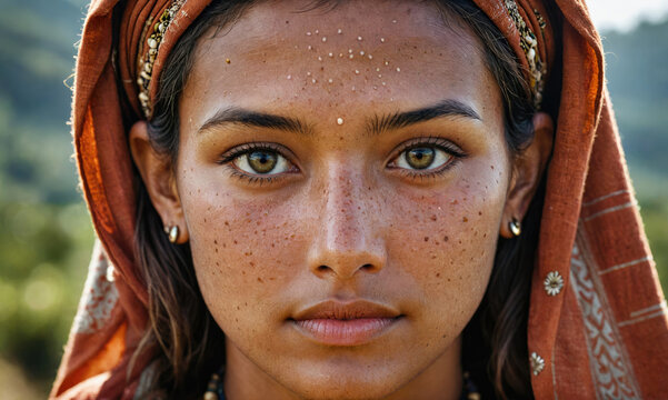 A woman with freckles and brown eyes stares directly at the camera, wearing a traditional head scarf