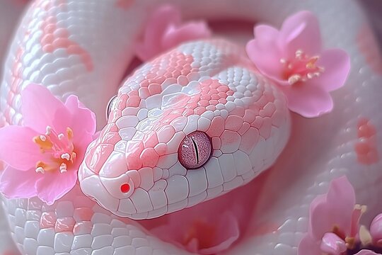 A pink and white snake with pink flowers gives off a cute vibe
