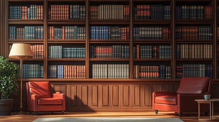 professional law library in an attorney office with shelves of legal books and documents, case files and reference materials for legal research, justice system papers and professional study space