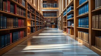 Obraz premium professional law library in an attorney office with shelves of legal books and documents, case files and reference materials for legal research, justice system papers and professional study space