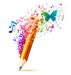 Creative Pencil with Butterflies and Music Notes Explosion
