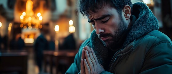 Fototapeta premium A man with a rugged appearance prays with his hands clasped together in a dimly lit, atmospheric church setting.