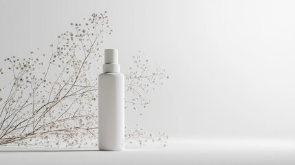 A sleek white skincare bottle set against a minimalist white background, with delicate flowers adding a natural touch, ideal for beauty product advertising