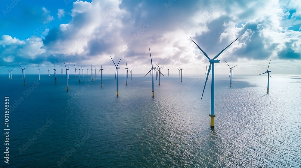Poster offshore windmill park with clouds and a blue sky windmill park in the ocean aerial view with wind t