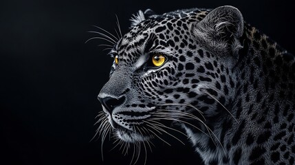 Obraz premium Intense and captivating closeup Black and White leopard portrait against a dark backdrop in the Sabi Sands Africa with piercing yellow eyes gazing into the distance Wall Print : Generative AI