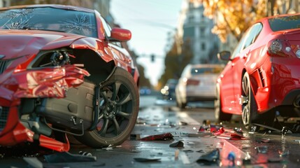 Fototapeta premium Car crash on urban road, vehicles damaged, people around