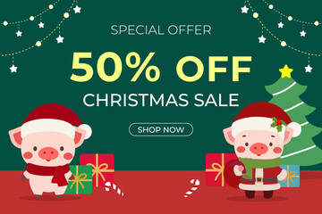 Christmas Sale Poster with Cute Santa Pig Characters. 50% Off Holiday Offer Featuring Adorable Pig Illustrations. Festive Christmas Sale with Charming Santa Pigs.