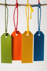 A collection of colorful tags hung from a rope, possibly used for decoration or identification
