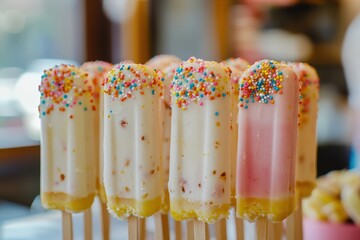 A row of colorful ice cream sticks with sprinkles on top, generative ai image