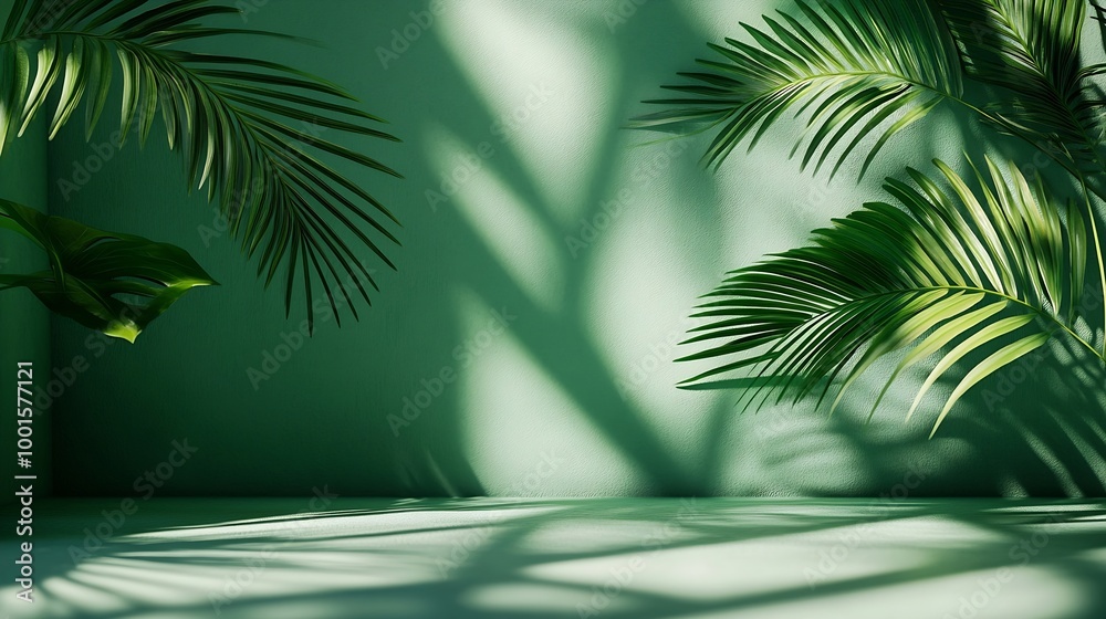 Poster abstract green background with shadow of palm leaves for the presentation of a cosmetic product a sc