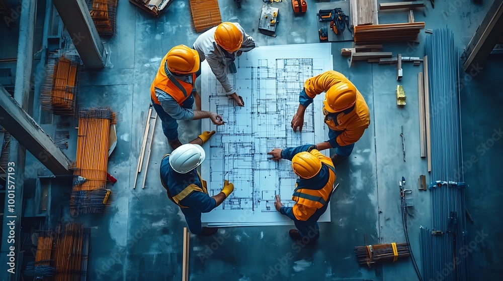 Fototapete top down aerial view of architect engineer team shake hands and discussing about building constructi