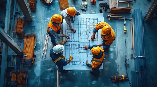 Top down aerial view of architect engineer team shake hands and discussing about building construction Group of diverse people working together to plan and design by using blueprint Al : Generative AI