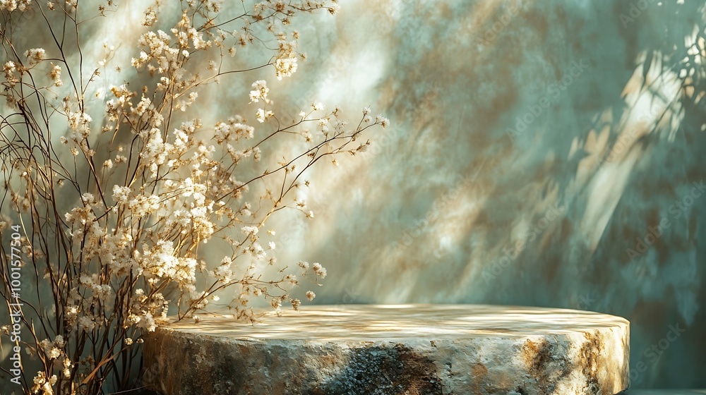 Poster composition empty podium material tree stone dry flowers product presentation background beige green