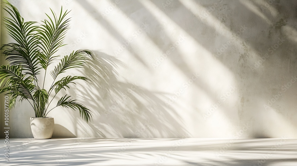 Poster Minimal product placement background with palm shadow on plaster wall Luxury summer architecture interior aesthetic Creative product platform stage mockup : Generative AI