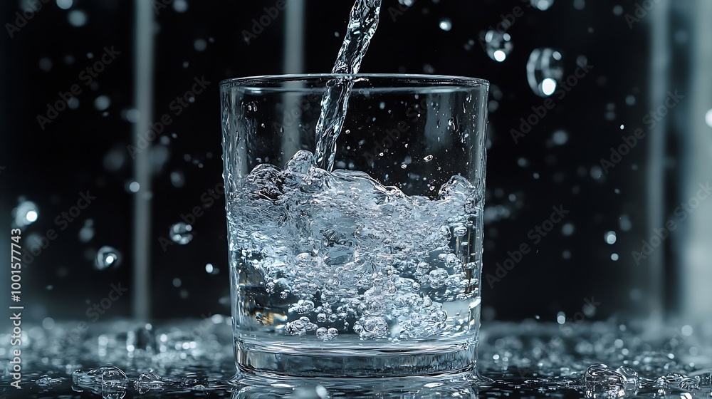 Poster pouring drinking water in a transparent glass isolated on abstract background with glass table water resource concept with copy space : Generative AI
