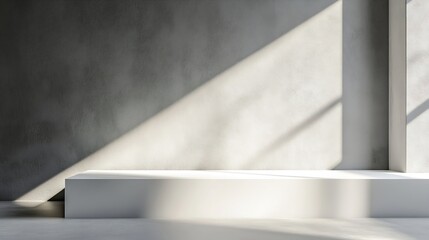 White abstract empty corner blank table studio shot empty table white podium with spotlight and bright minimal background plaster bright white and gray wall and white table stage backg : Generative AI