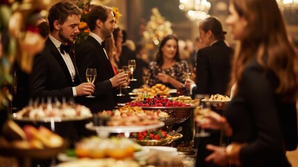 Businesspeople are taking food from a buffet table during a corporate christmas party. The atmosphere is elegant and luxurious. The banquet hall is full of people. Merry Christmas and Happy New Year