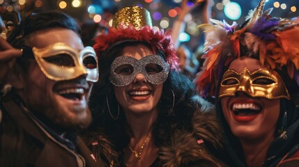 Three friends having a blast at a lively party, wearing vibrant venetian masks and sharing laughs, surrounded by a dancing crowd, colorful confetti, and bright lights
