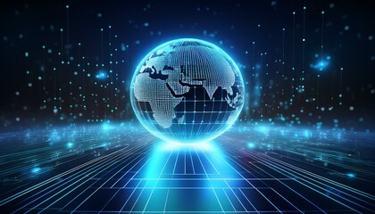 futuristic cyber tech background digital data globe on black floor with glowing binary lines, modern technology wallpaper