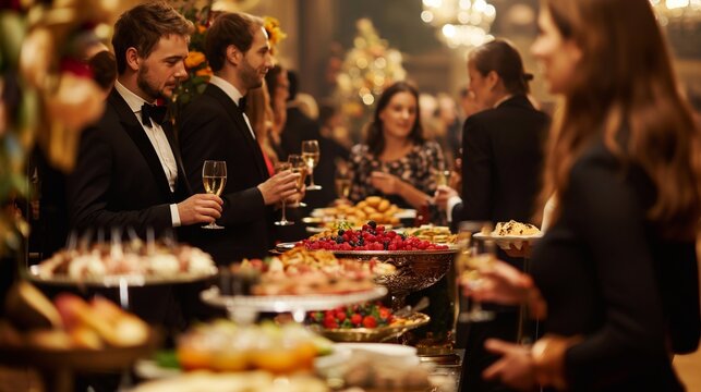 Businesspeople are taking food from a buffet table during a corporate christmas party. The atmosphere is elegant and luxurious. The banquet hall is full of people. Merry Christmas and Happy New Year