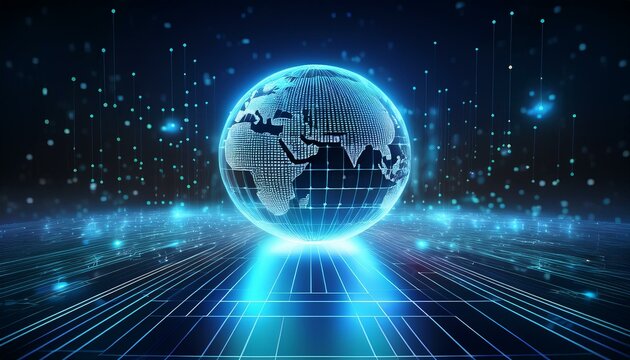 futuristic cyber tech background digital data globe on black floor with glowing binary lines, modern technology wallpaper